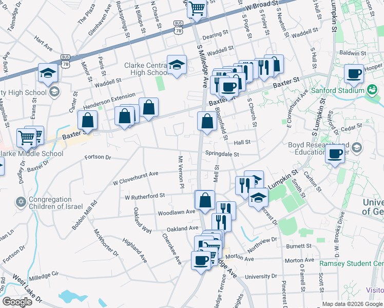 map of restaurants, bars, coffee shops, grocery stores, and more near 688 South Milledge Avenue in Athens