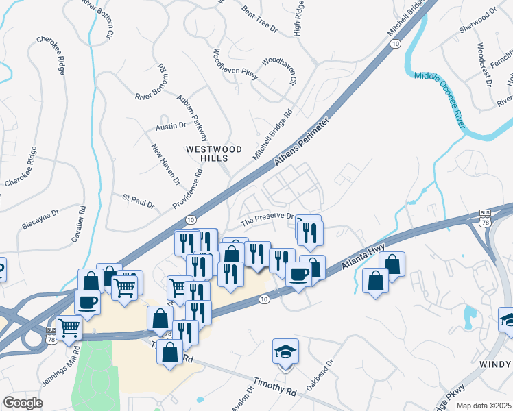 map of restaurants, bars, coffee shops, grocery stores, and more near 155 The Preserve Drive in Athens