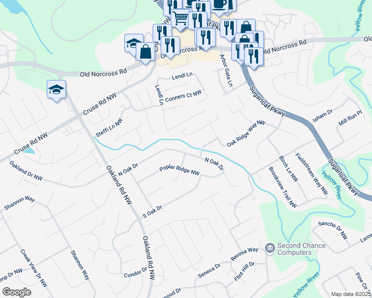 map of restaurants, bars, coffee shops, grocery stores, and more near 1898 Oakland Pointe Northwest in Lawrenceville