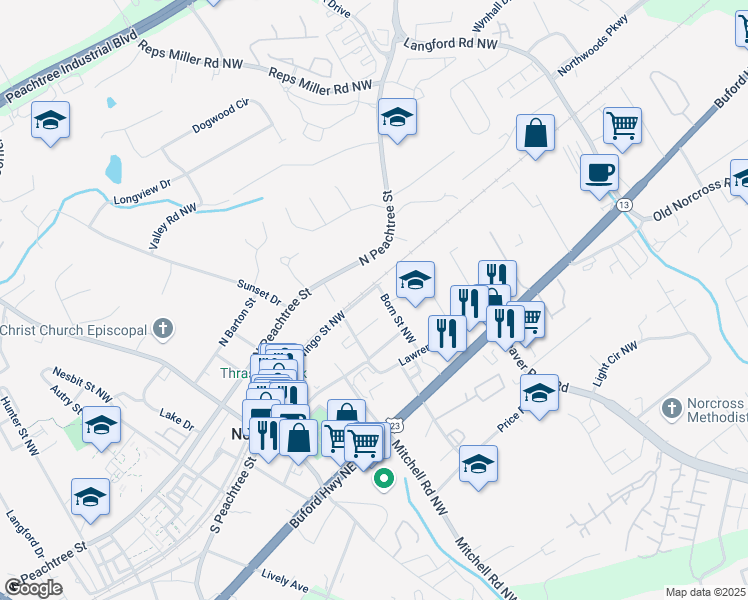 map of restaurants, bars, coffee shops, grocery stores, and more near 53 Born Street Northwest in Norcross