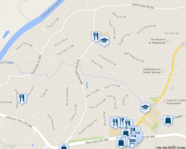 map of restaurants, bars, coffee shops, grocery stores, and more near 110 Hidden Falls Lane Northwest in Atlanta