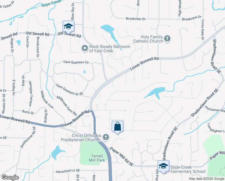 map of restaurants, bars, coffee shops, grocery stores, and more near 3128 Lower Roswell Road in Marietta