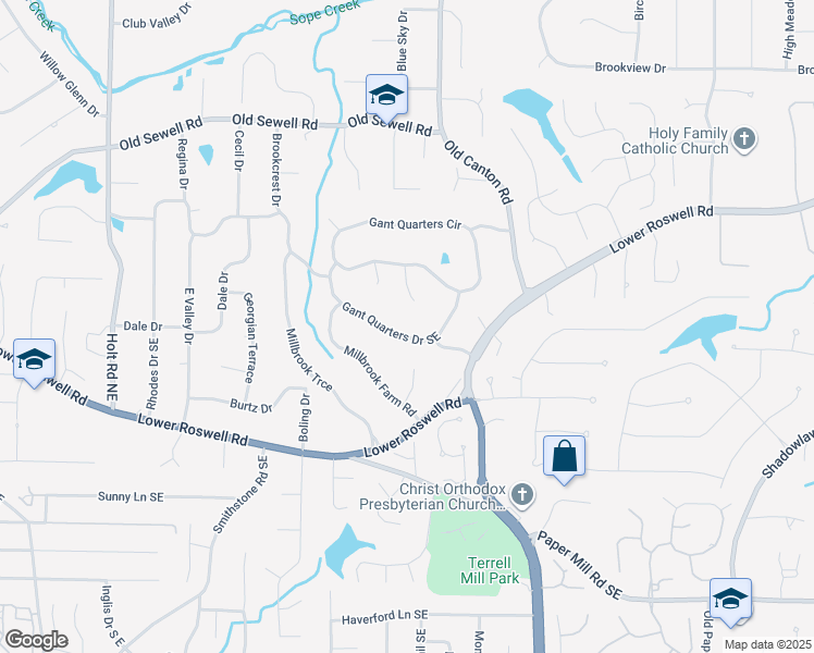 map of restaurants, bars, coffee shops, grocery stores, and more near 134 Gant Quarters Lane in Marietta
