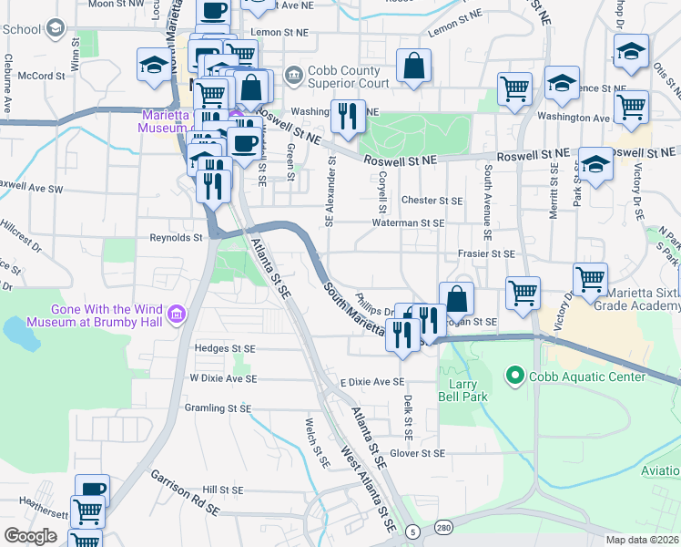 map of restaurants, bars, coffee shops, grocery stores, and more near 365 Southeast Alexander Circle in Marietta