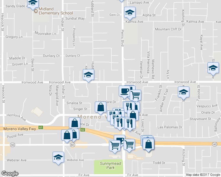 map of restaurants, bars, coffee shops, grocery stores, and more near 12010 Aaron Drive in Moreno Valley