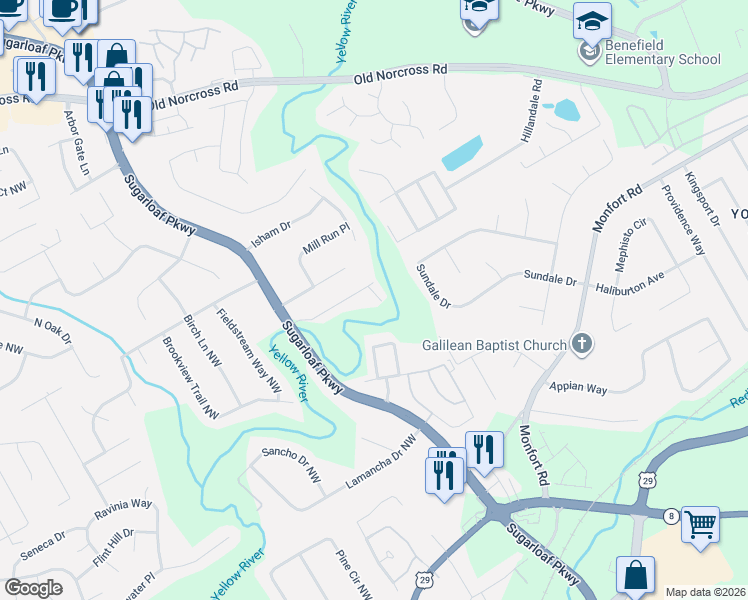map of restaurants, bars, coffee shops, grocery stores, and more near 1554 Mill Run Court in Lawrenceville