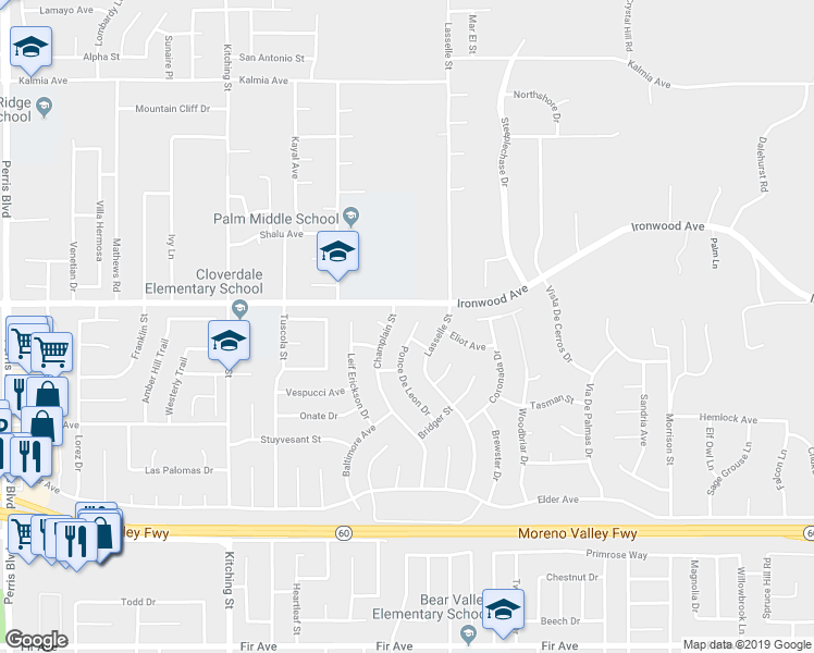 map of restaurants, bars, coffee shops, grocery stores, and more near 12043 Ponce De Leon Drive in Moreno Valley