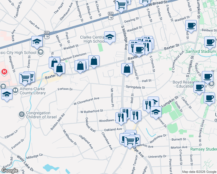 map of restaurants, bars, coffee shops, grocery stores, and more near 87-99 Myrna Court in Athens