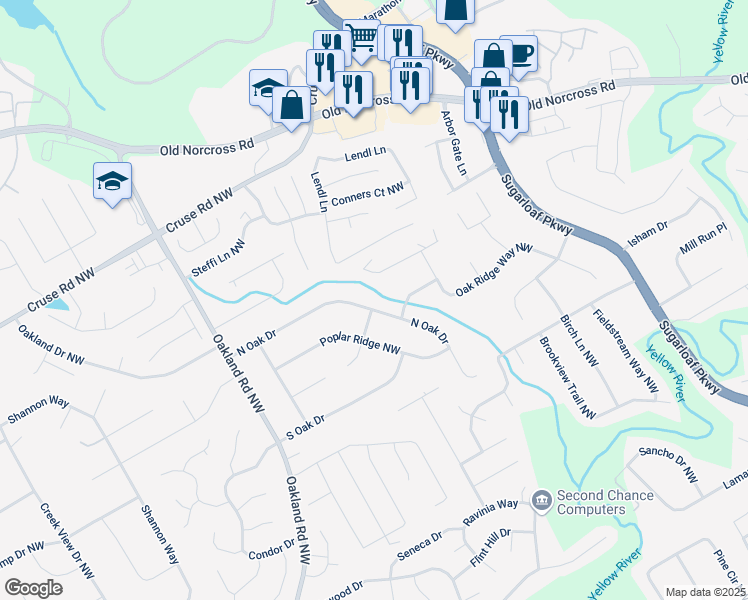 map of restaurants, bars, coffee shops, grocery stores, and more near 1898 Oakland Pointe Northwest in Lawrenceville