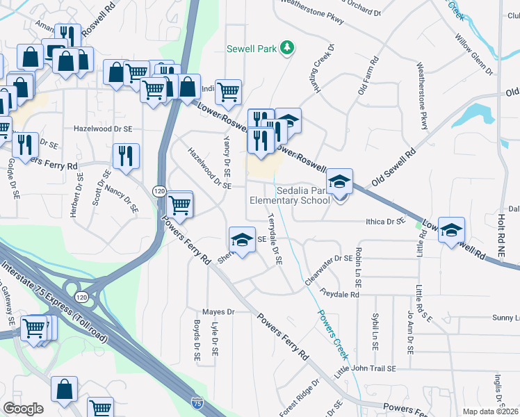 map of restaurants, bars, coffee shops, grocery stores, and more near 227 Terrydale Drive Southeast in Marietta