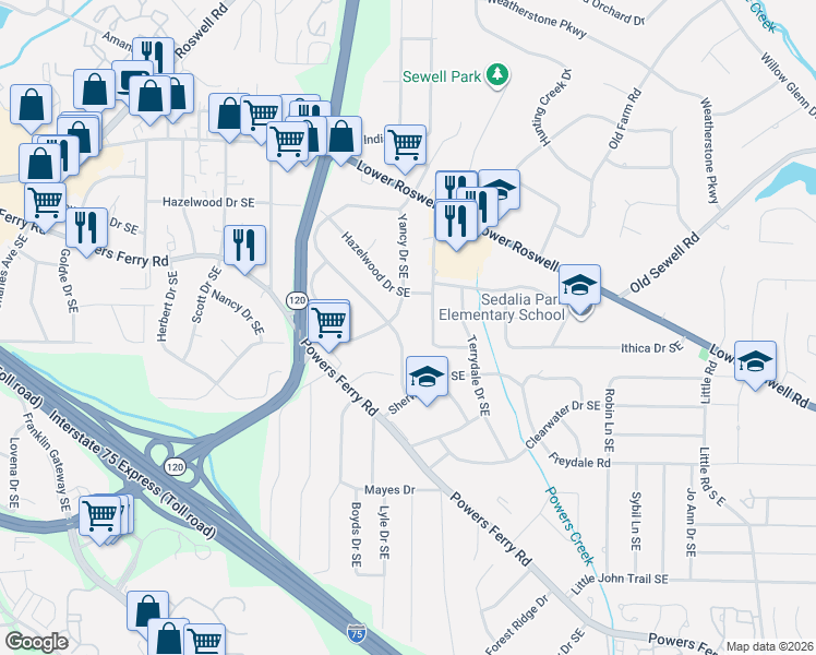 map of restaurants, bars, coffee shops, grocery stores, and more near 203 Yancy Drive in Marietta