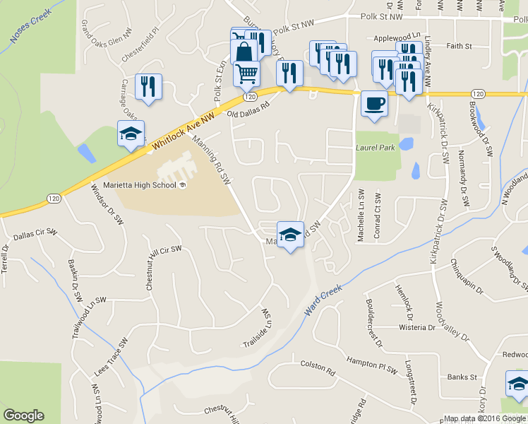 map of restaurants, bars, coffee shops, grocery stores, and more near 154 Kimberly Way Southwest in Marietta