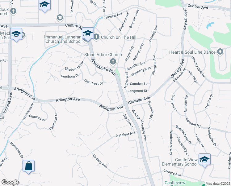 map of restaurants, bars, coffee shops, grocery stores, and more near 2160 Falcon Crest Drive in Riverside