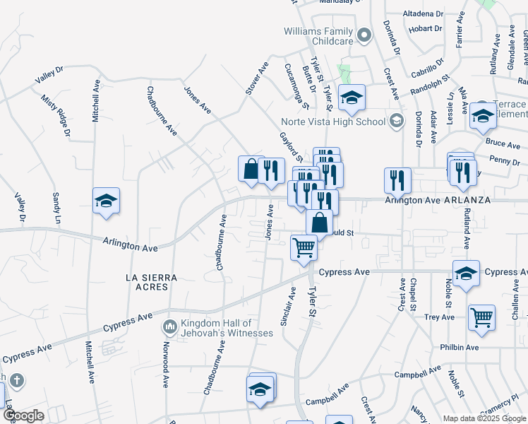 map of restaurants, bars, coffee shops, grocery stores, and more near 6336 Jones Avenue in Riverside