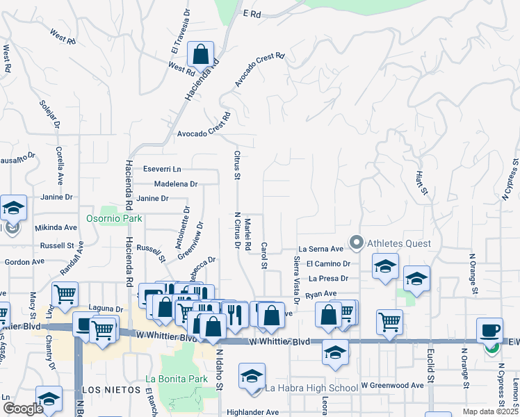 map of restaurants, bars, coffee shops, grocery stores, and more near 1111 Carol Street in La Habra