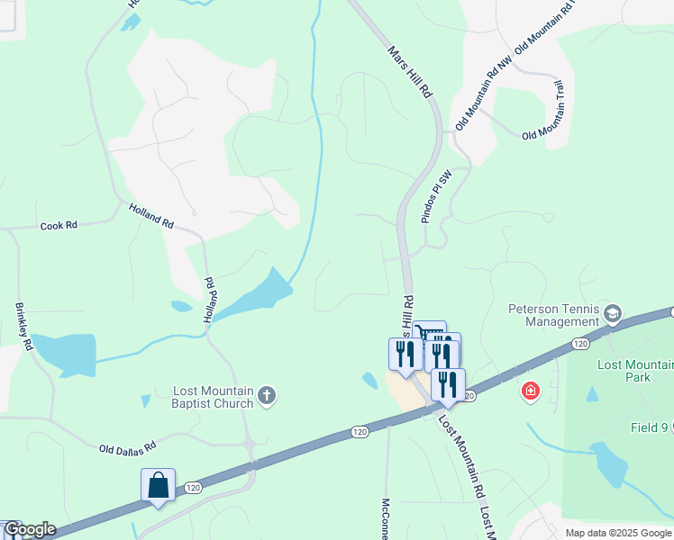 map of restaurants, bars, coffee shops, grocery stores, and more near 415 Collegiate Drive in Powder Springs