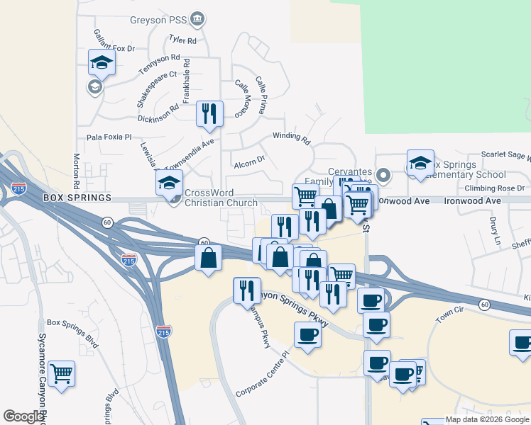 map of restaurants, bars, coffee shops, grocery stores, and more near 2102 Box Springs Road in Moreno Valley
