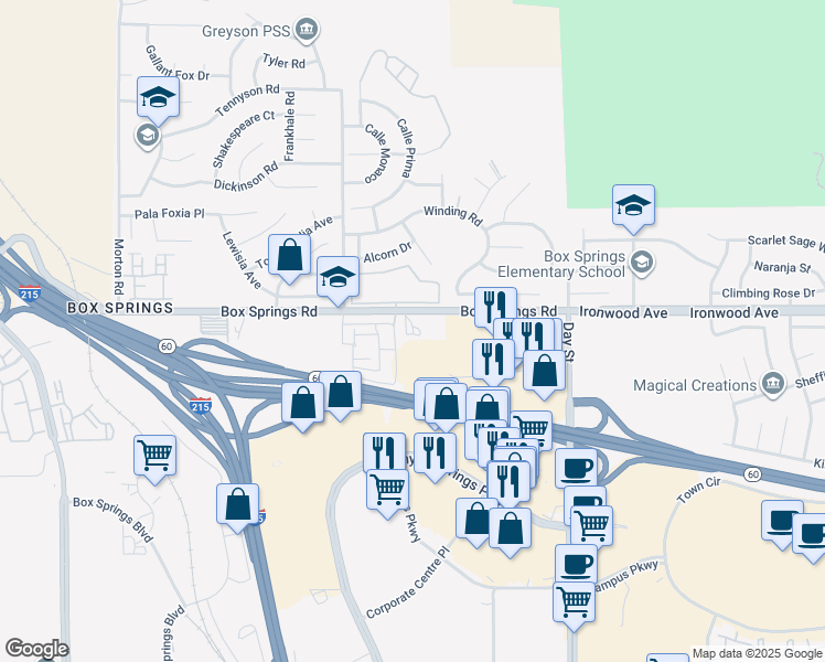 map of restaurants, bars, coffee shops, grocery stores, and more near 21665 Box Springs Road in Moreno Valley