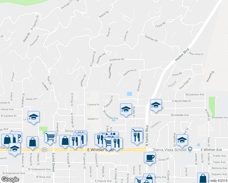 map of restaurants, bars, coffee shops, grocery stores, and more near 821 Woodcrest Avenue in La Habra