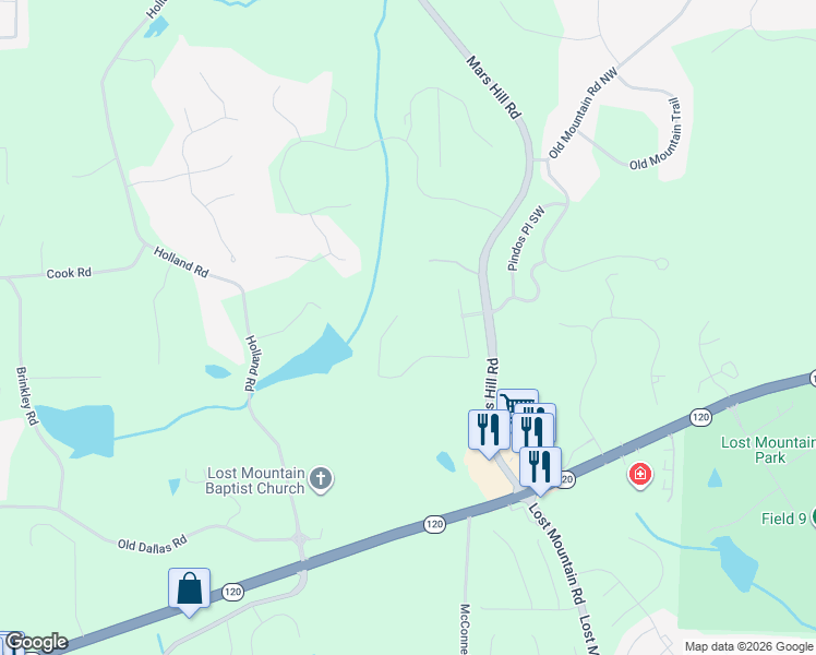 map of restaurants, bars, coffee shops, grocery stores, and more near 425 Collegiate Drive in Powder Springs