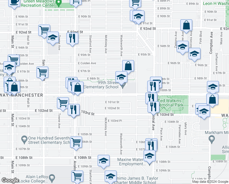 map of restaurants, bars, coffee shops, grocery stores, and more near 829 East Century Boulevard in Los Angeles