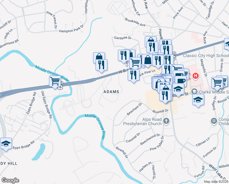 map of restaurants, bars, coffee shops, grocery stores, and more near 202 Briarcliff Road in Athens