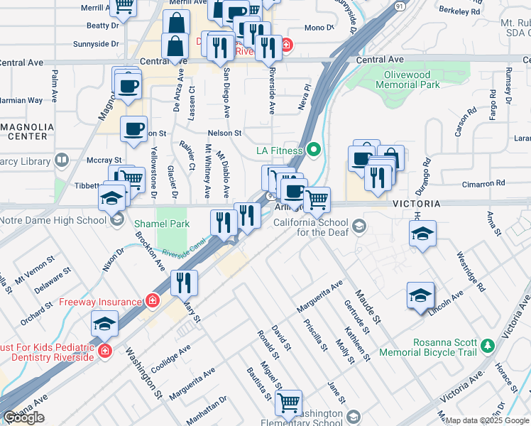 map of restaurants, bars, coffee shops, grocery stores, and more near 3518 Arlington Avenue in Riverside