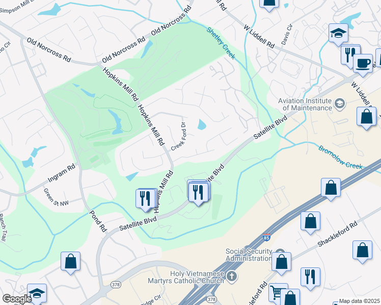 map of restaurants, bars, coffee shops, grocery stores, and more near 2122 Hopkins Place Court in Duluth