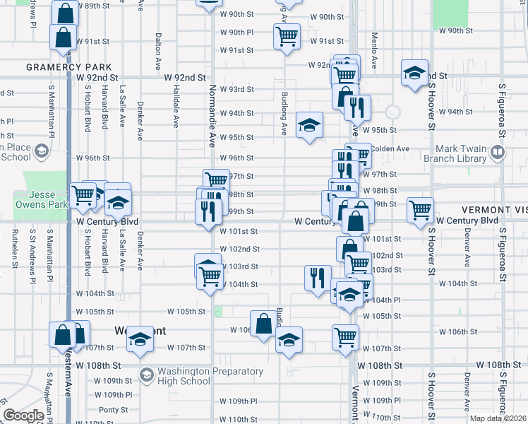 map of restaurants, bars, coffee shops, grocery stores, and more near 1240 West 98th Street in Los Angeles
