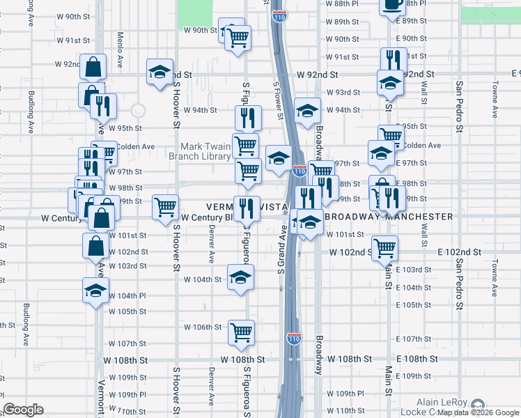 map of restaurants, bars, coffee shops, grocery stores, and more near 433 West Century Boulevard in Los Angeles