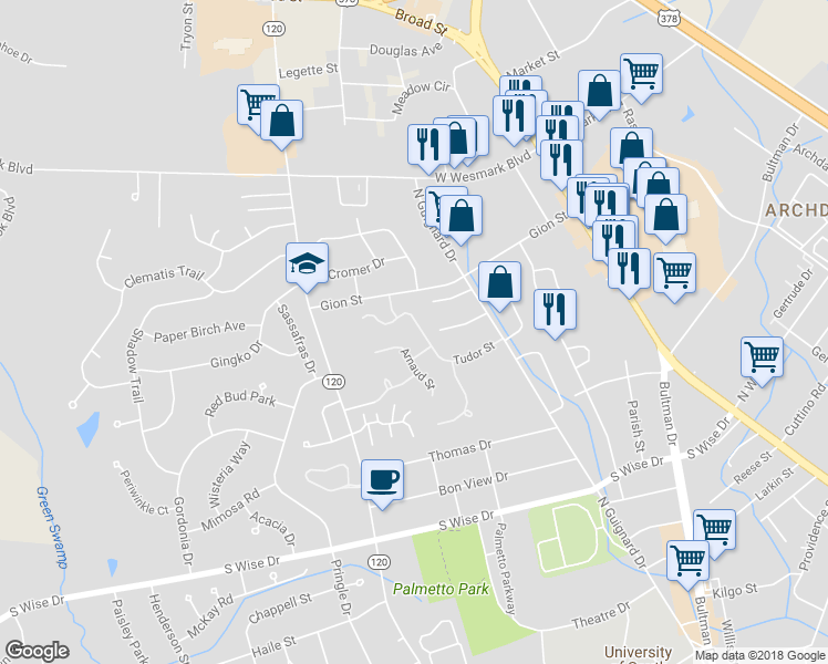 map of restaurants, bars, coffee shops, grocery stores, and more near 2130 Tudor Street in Sumter
