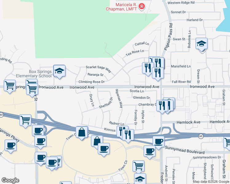 map of restaurants, bars, coffee shops, grocery stores, and more near 12035 Riparian Way in Moreno Valley