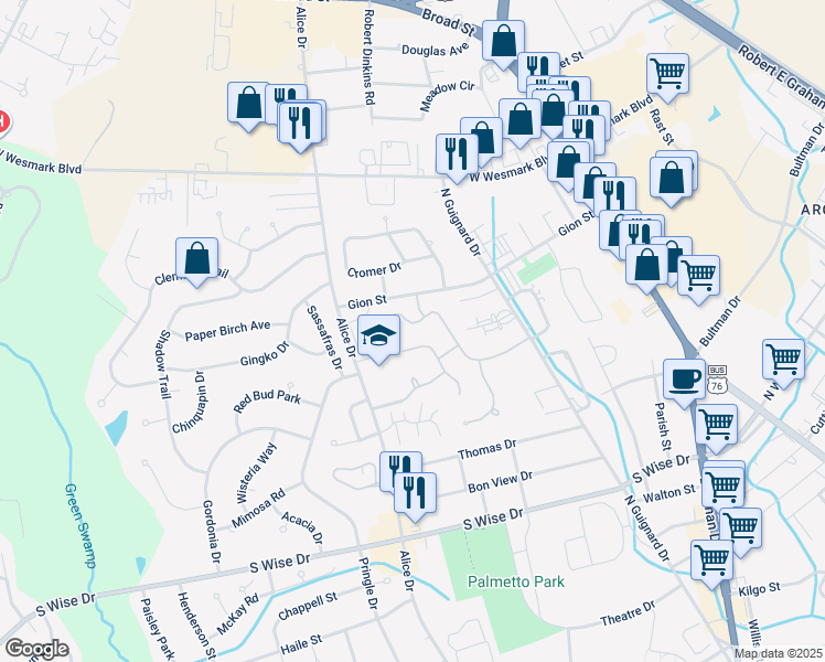 map of restaurants, bars, coffee shops, grocery stores, and more near 2214 Tudor Street in Sumter
