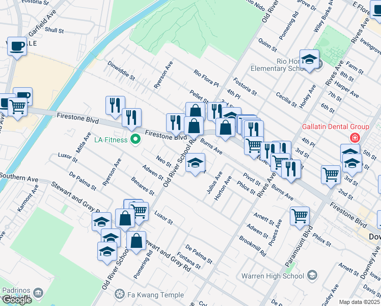 map of restaurants, bars, coffee shops, grocery stores, and more near 11440 Old River School Road in Downey