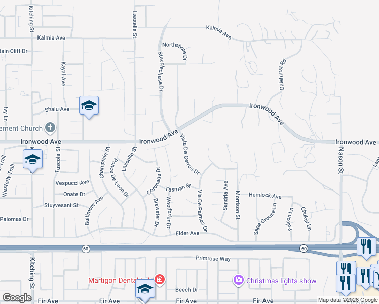 map of restaurants, bars, coffee shops, grocery stores, and more near 12046 Vista De Cerros Drive in Moreno Valley