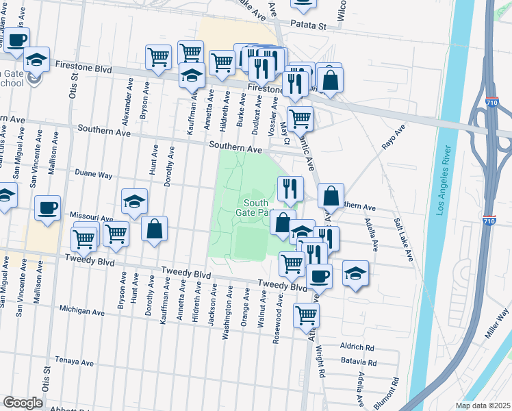 map of restaurants, bars, coffee shops, grocery stores, and more near 4900 Southern Avenue in South Gate