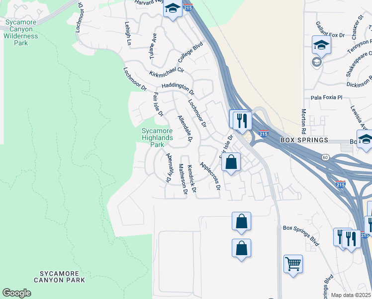 map of restaurants, bars, coffee shops, grocery stores, and more near 1481 Allendale Drive in Riverside