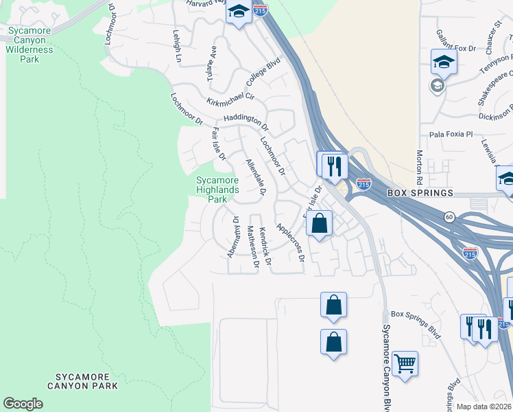 map of restaurants, bars, coffee shops, grocery stores, and more near 1481 Allendale Drive in Riverside