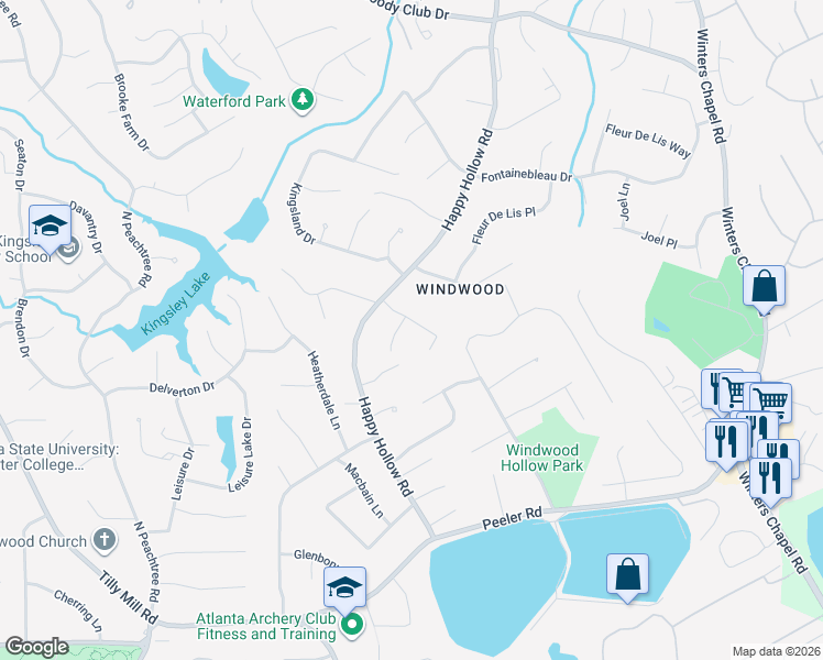 map of restaurants, bars, coffee shops, grocery stores, and more near 5063 Chestnut Forest Court in Atlanta