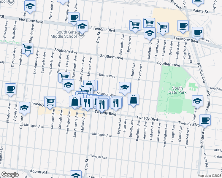 map of restaurants, bars, coffee shops, grocery stores, and more near 9616 Bowman Avenue in South Gate