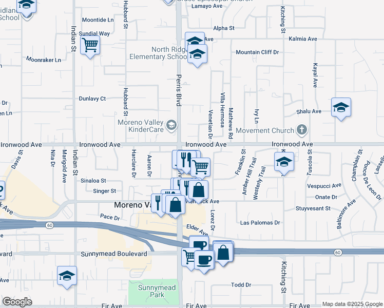map of restaurants, bars, coffee shops, grocery stores, and more near 25062 Road Runner Lane in Moreno Valley