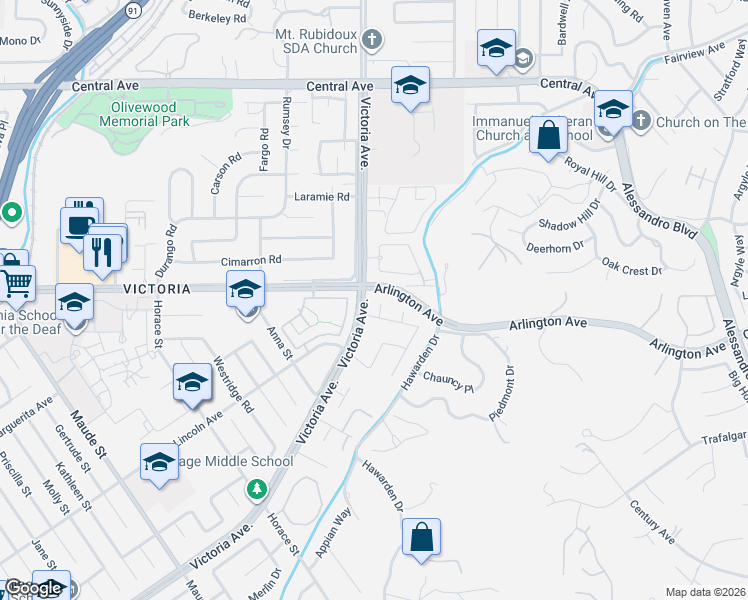map of restaurants, bars, coffee shops, grocery stores, and more near 5858 Maybrook Circle in Riverside