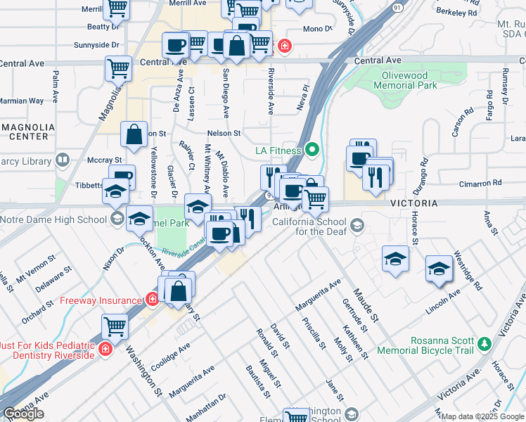 map of restaurants, bars, coffee shops, grocery stores, and more near 3518 Arlington Avenue in Riverside