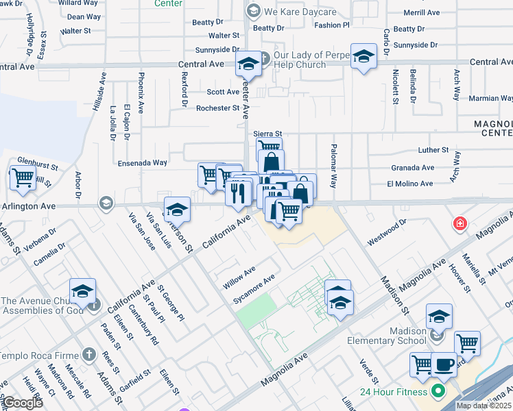 map of restaurants, bars, coffee shops, grocery stores, and more near in Riverside