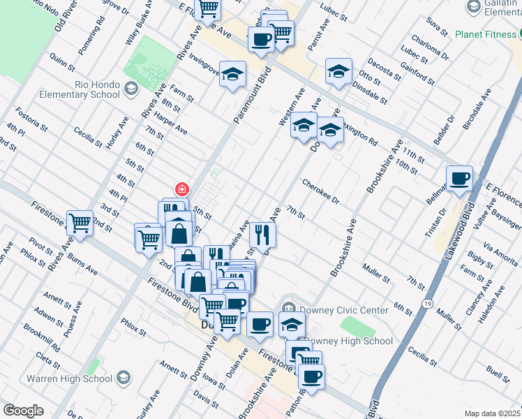map of restaurants, bars, coffee shops, grocery stores, and more near 10615 La Reina Avenue in Downey