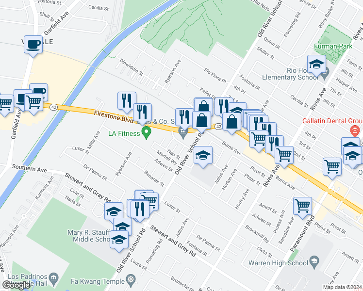 map of restaurants, bars, coffee shops, grocery stores, and more near 7320 Firestone Boulevard in Downey