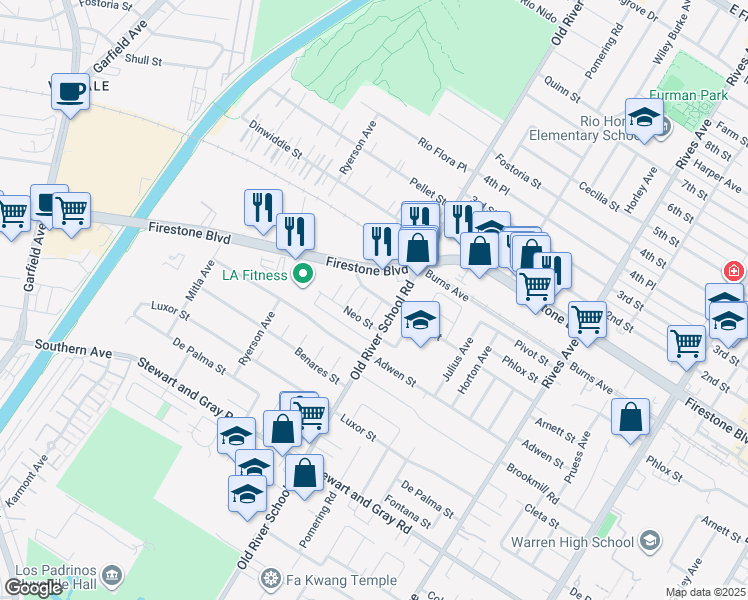 map of restaurants, bars, coffee shops, grocery stores, and more near 11502 Adco Avenue in Downey