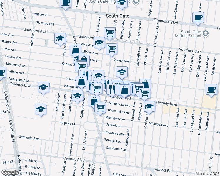 map of restaurants, bars, coffee shops, grocery stores, and more near 3233 Tweedy Boulevard in South Gate