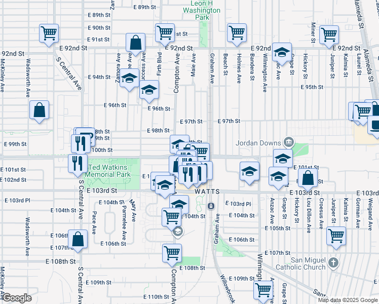 map of restaurants, bars, coffee shops, grocery stores, and more near 1634 East 99th Street in Los Angeles