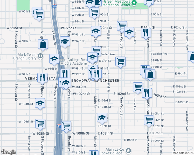 map of restaurants, bars, coffee shops, grocery stores, and more near 9824 South Main Street in Los Angeles
